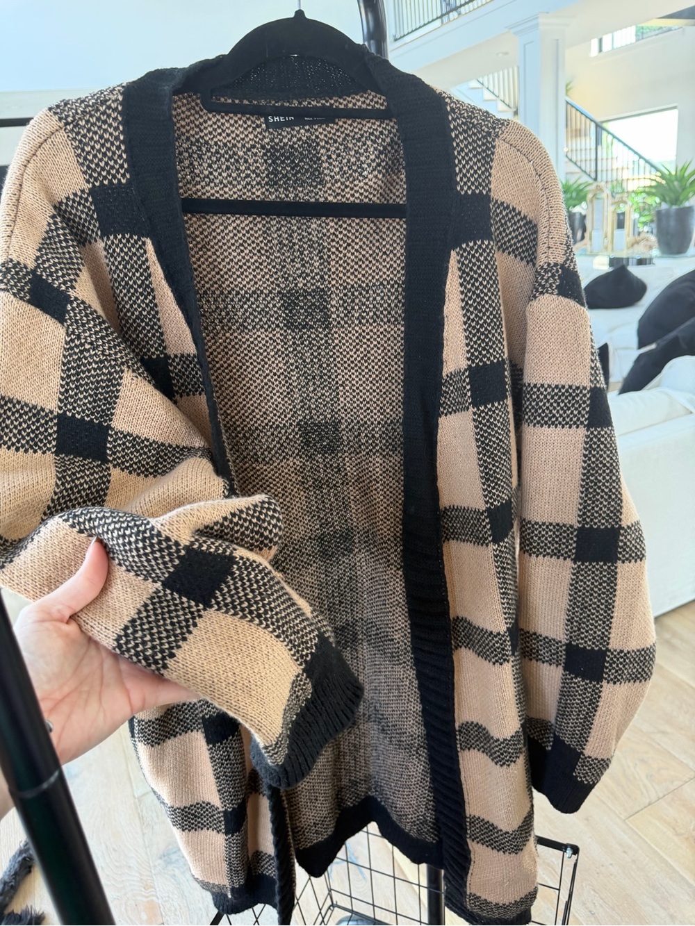 SHEIN Black and Tan Plaid Open-Front Cardigan Sweater
